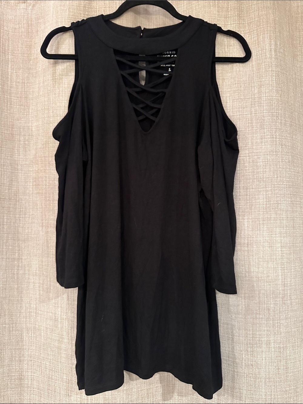 Torrid Black Cold-Shoulder top with Lattice V-Neck